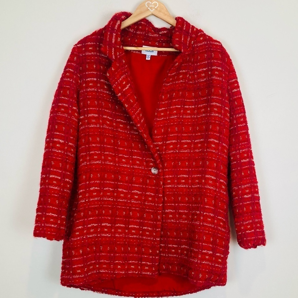 Koch “Annie” blazer jacket in Cherry. Wool blend in classic tweed.. Size small